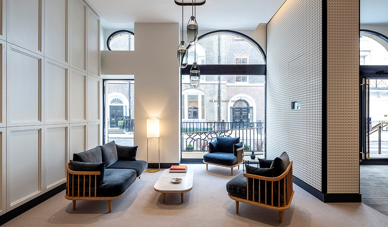 Refurbished street frontage of 1 Grafton Street in Mayfair, London showing restored historic façade and elegant design